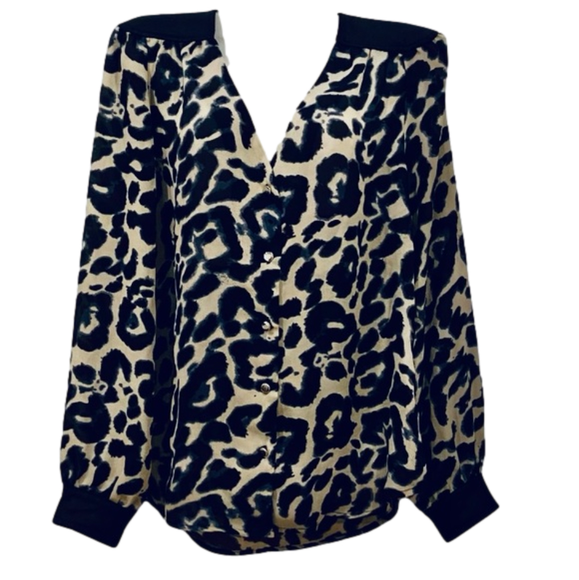 UK2LA Leopard Print Blouse Cool Blue Hue Vegan Leather Trim Gold Buttons - Picture 1 of 14